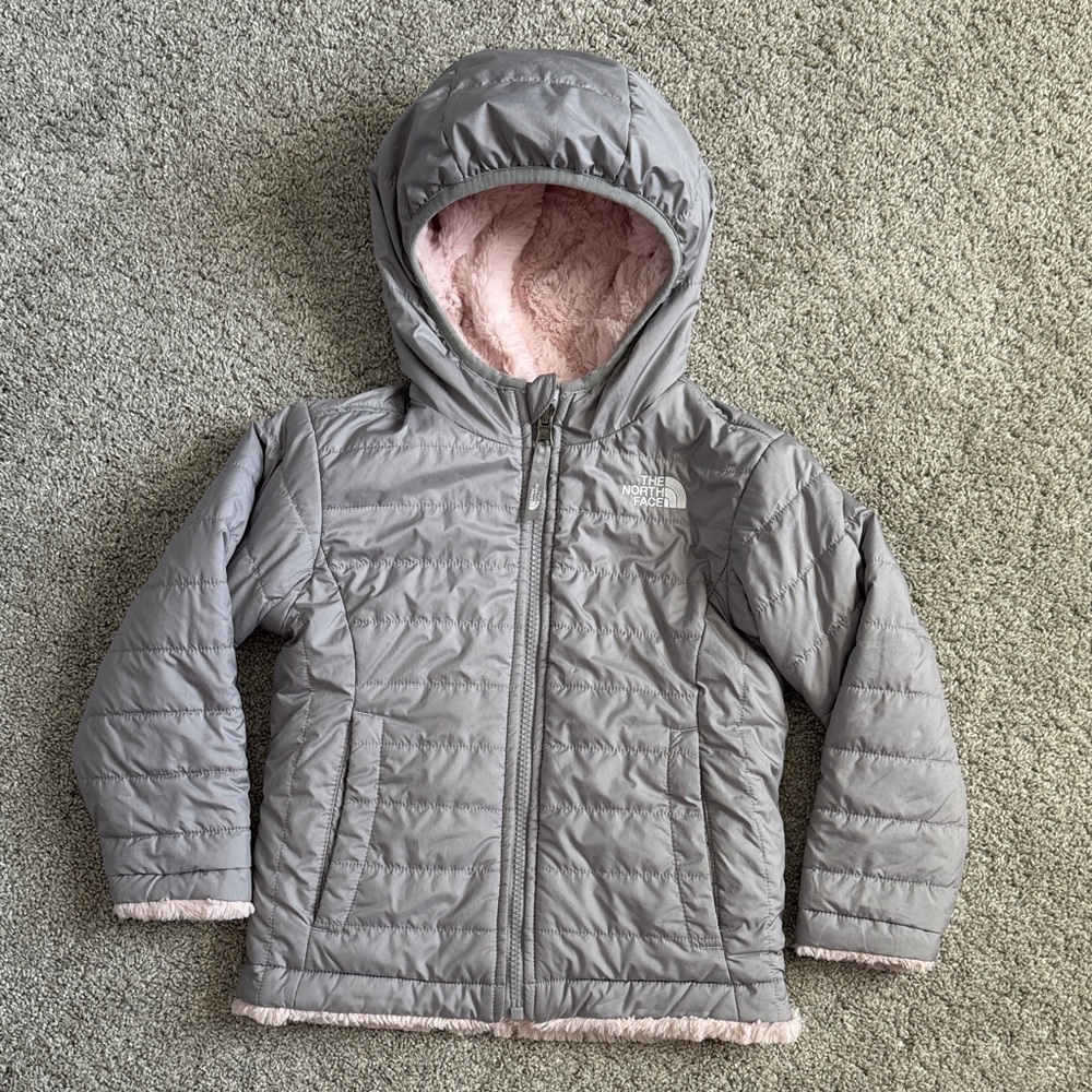 The North Face kids’ REVERSIBLE Gray Hooded Jacket with Pink faux fur lLining